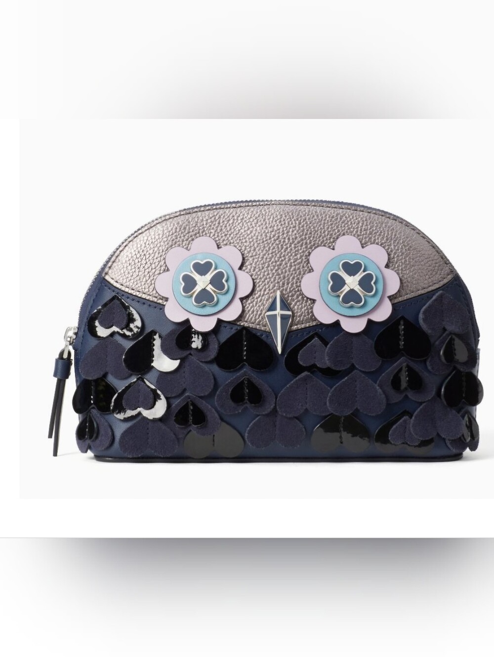 Kate Spade NWOT Zibbi Owl Dome Cosmetic Bag in Blue-Grey Leather